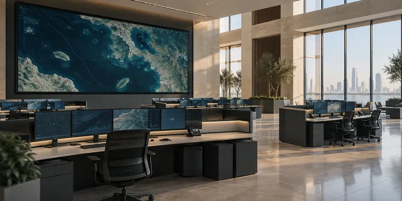 Illustrative modern public-sector operations environment with geospatial analysis screens