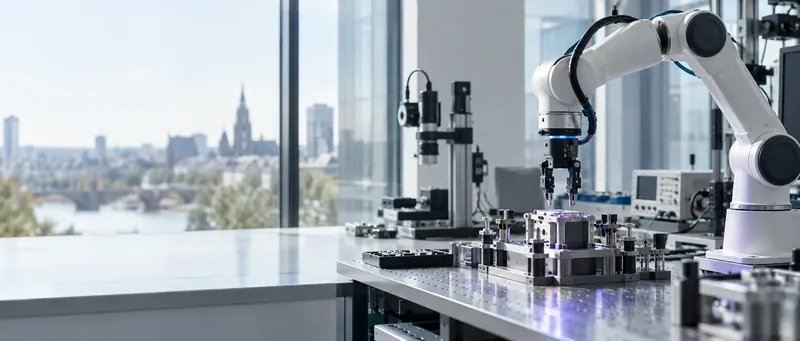 Applied AI research laboratory with a robotic arm and test instruments beside a window overlooking a city