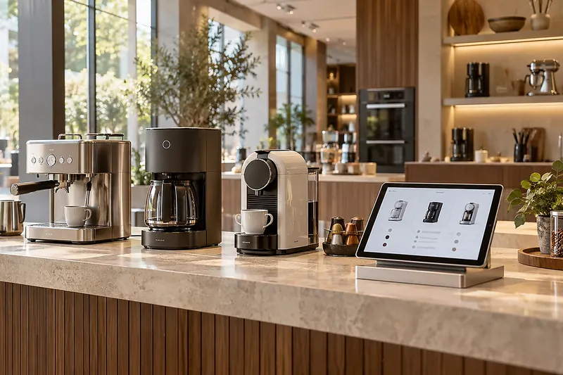 Home appliances arranged for comparison in a retail showroom