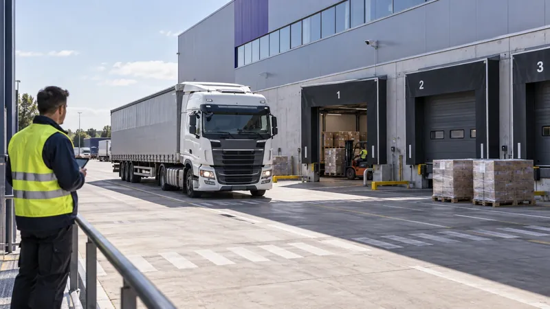 Truck approaching a warehouse loading dock while operations staff monitor the area
