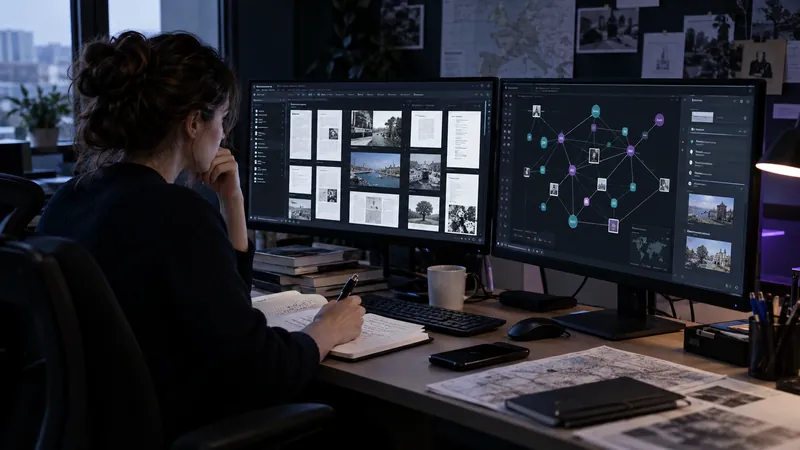 Analyst reviewing source documents and an entity relationship graph