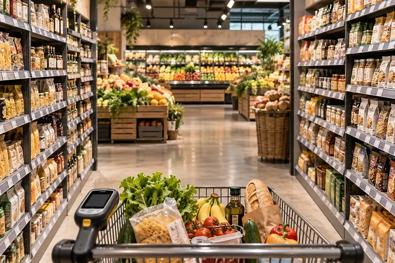 Grocery shelves and products in a contemporary supermarket aisle