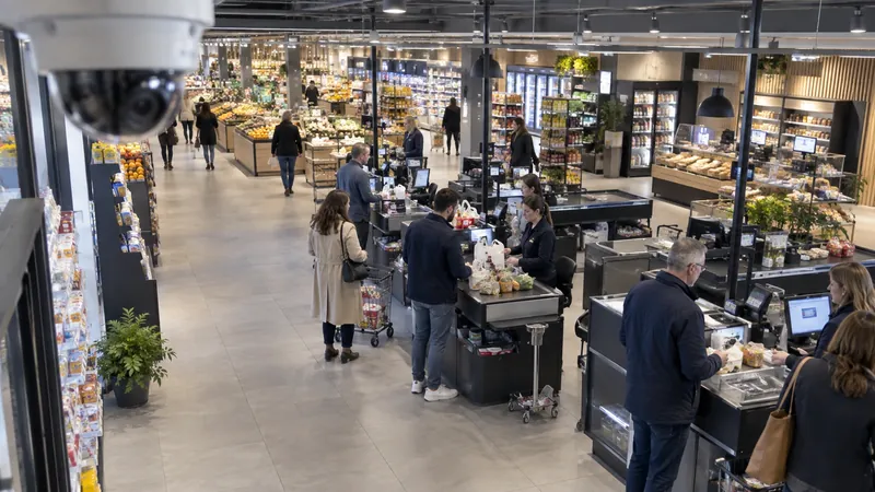 Elevated camera view of customer movement and checkout queues in a retail store