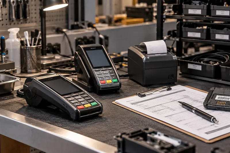 Payment terminals and service-request paperwork at a secure support workbench